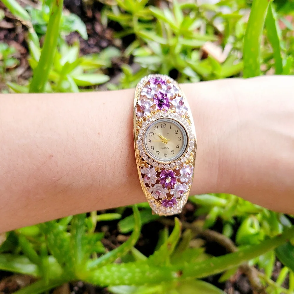 Ornate Floral Rhinestone Gold & Purple Watch